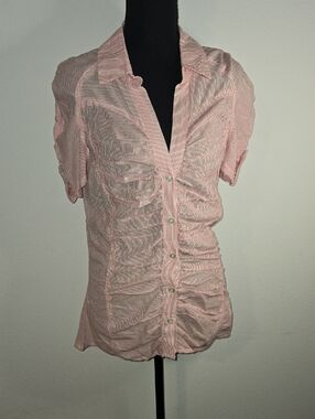 Mango Pink Striped Ruched Button-Up Shirt
